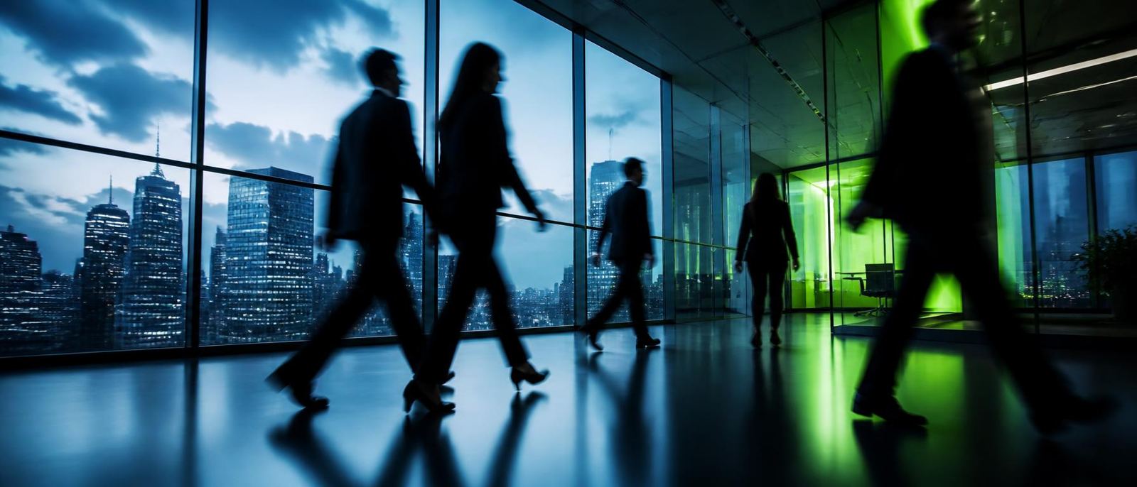 Business professionals in motion against a city skyline