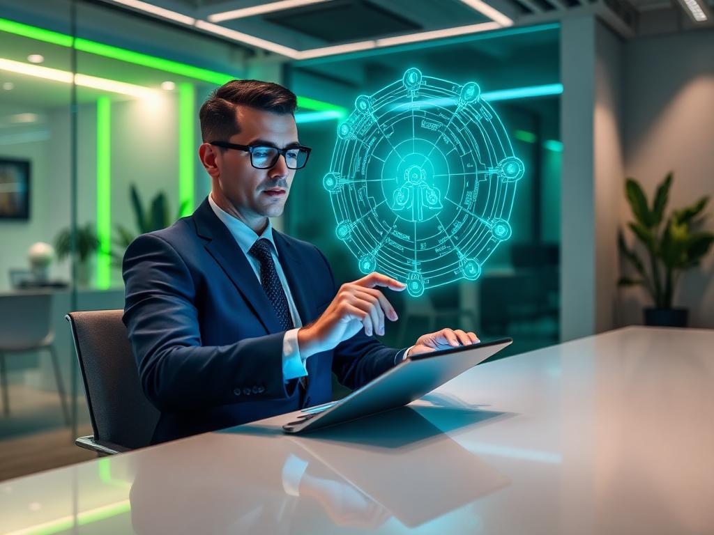 Professional using a tablet with a glowing AI hologram interface